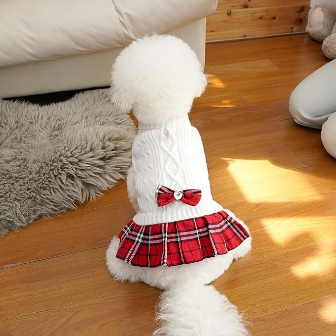 WOYYHO Girl Dog Sweater Dress with Bowtie Turtleneck Small Dogs Sweater with Leash Hole, Knitted Small Dog Sweaters Dress Puppy Winter Clothes for Yorkies Chihuahua (Large, White)