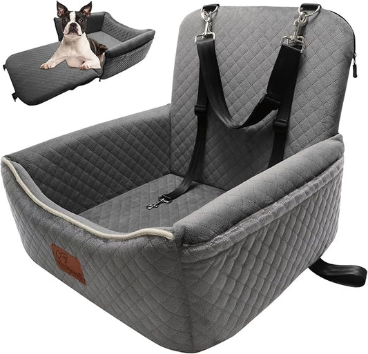 Dog Car Seat Bed 2 in 1 for Small/Medium Dogs up to 35 lbs,Adjustable Safety Leashes,Memory Foam with Soft Fabric Pets Travel Car Bed,Easily Installed in Front and Back seat,Removable and Washable.