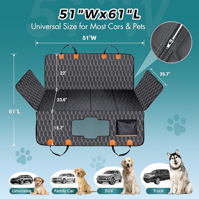 Back Seat Extender for Dogs-Supports 400lb,Waterproof Dog Car Seat Cover Hard Bottom-Detachable,600D Heavy Duty Scratch Proof Nonslip Soft,Dog Hammock for Car,SUVs