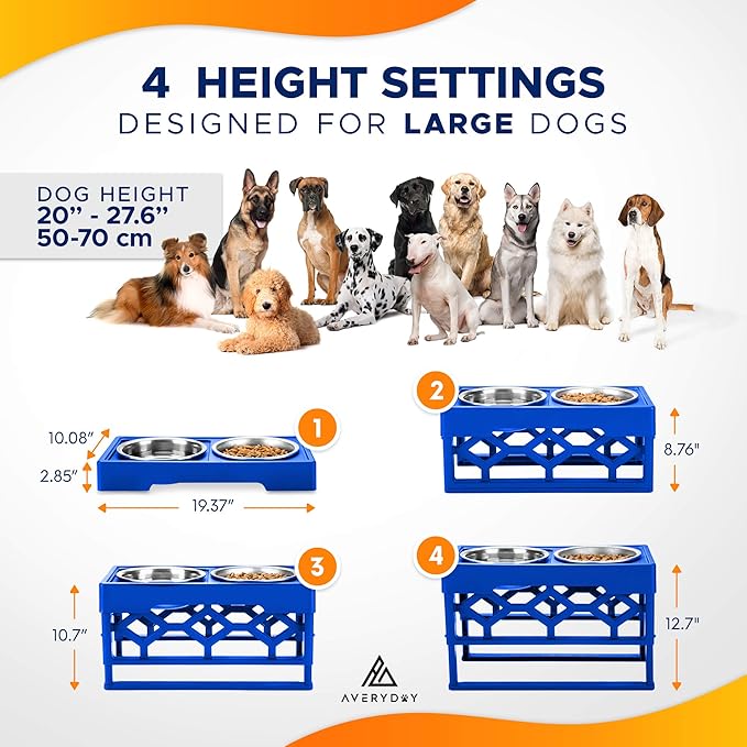 AVERYDAY Large Dog Bowls Elevated, 4 Height Adjustable Raised Dog Bowl Stand with 2 Stainless Steel Food and Water Bowls Set, Tall Dogs Feeding Station with Anti-Slip Base for Medium Large Breeds Dogs