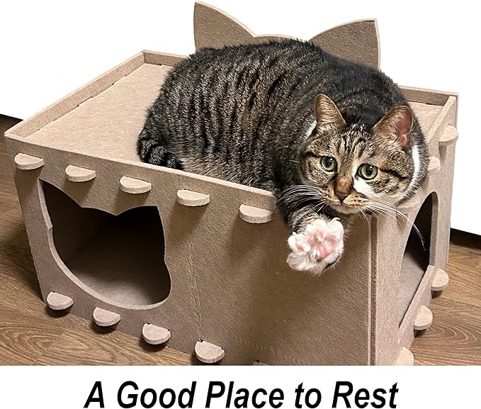 Cat House Cat Ear Design, Large Spacious Cozy Indoor Cat Bed Cave, Scratch Resistant Strong Thick Premium Felt Condo, Fun Hideaway for Multiple Cats, Up to 35LB, 21.5x13x11.6 inches (Beige)