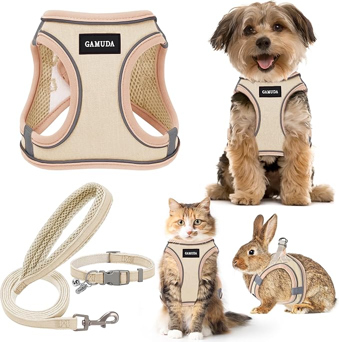 GAMUDA Small Pet Harness Collar and Leash Set, Step in No Chock No Pull Linen Fabric Soft Mesh Dog Vest Harnesses Reflective for Dogs Puppy Cats Kitten Rabbit (Khaki, XS)