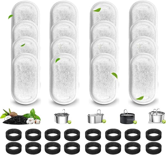 TuTuYa 32PCS Cat Water Fountain Filter, 16 Pack Cat Fountain Filter Replacement with 16 Sponges, for 108oz/3.2L & 67oz/2L Stainless Steel Pet Water Dispenser