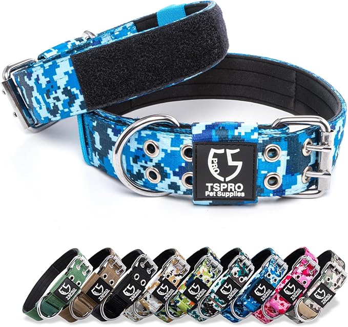 TSPRO Tactical Dog Collar, Adjustable, with Patch & Double Needle Metal Buckle, Heavy Duty for Medium to Large Dogs, Durable for Walking, Running, Hiking & Training (Camo Blue M+)