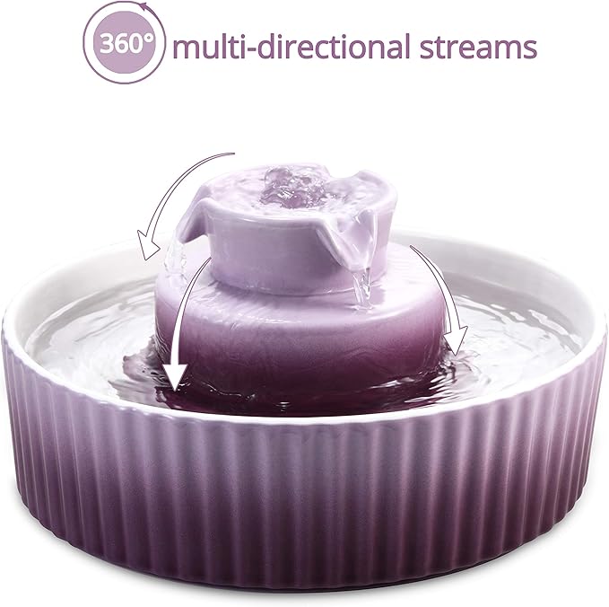 Ceramic Cat Water Fountain, 2.1L/71oz Cupcake Cat Fountain for Dog and Cat Indoor, 2 Ultra Quiet Pumps(Purple)