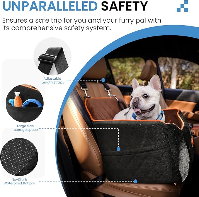 Dog Car Seat for Small Dogs - Puppy Car Seat with Safety Strap & Waterproof Padding, Portable Pet Carrier for Cars, Trucks & SUVs, Comfortable Elevated Bed for Pets Up to 35lbs (Black/Coffee)