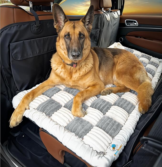 APetsPlanet Dog Bed for Car Back Seat Extender - Non-Slip Backseat Cushion for Dogs - Travel Plush Pet Mat Topper for Cars, Trucks, SUVs - Machine Washable Pad Blanket - Grey Plaid, 54" x 24.8"