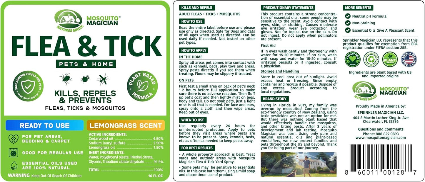 Mosquito Magician Indoor and Outdoor Spray - Use for Carpet, Furniture, Bedding, Couches & Pets – Plant-Sourced with Essential Oil - Lemongrass, 16 OZ