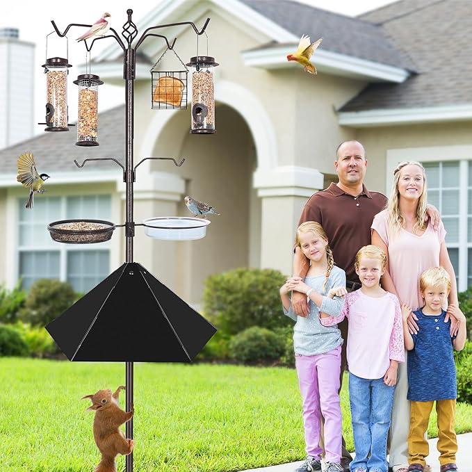 6-Hook Bird Feeding Station Kit, 94 Inch Heavy Duty Bird Feeder Stand Pole for Outdoors Hanging with 4 Feeders, Wide Metal Squirrel Baffle, Attracting Wild Birds