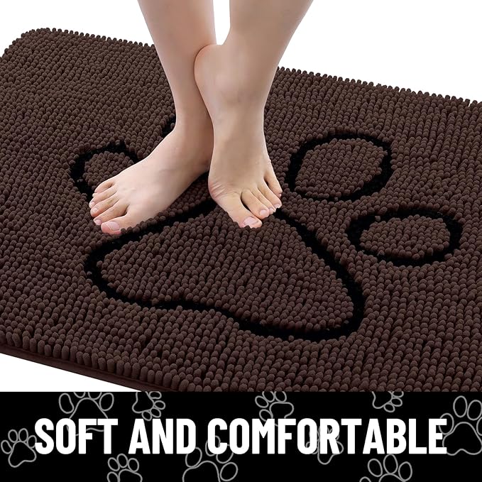 Smiry Dog Door Mat for Muddy Paws, Absorbent Dirt Trapper Non Slip Quick Dry Washable Chenille Mat for Mud Dogs, Entry Rug for Indoor and Outdoor (40x32 Inches, Brown and Black)