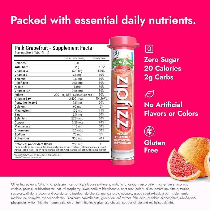 Zipfizz Daily Energy Drink Powder, Pink Grapefruit, 20 Pack | 3-in-1 Sustained Energy, Rapid Hydration, and Essential Vitamins | Sugar-Free | Electrolyte Powder | Contains Vitamin B-12 & Antioxidants
