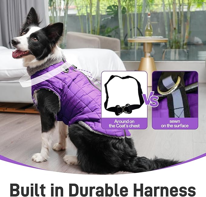 Warm Fleece Dog Coats with Durable Harness Buitl in D-Ring,Waterproof Doggie Jacket for Large Dogs,Dog Vest for Cold Winter,Purple XXL