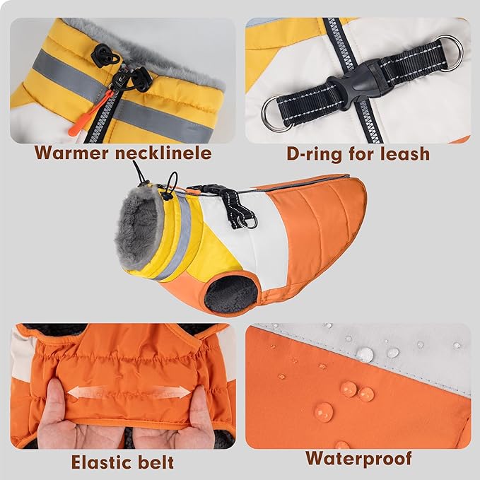 azuza Dog Jacket for Medium Dogs Waterproof Dog Coat with Reflective Strips and Harness Built in Warm Fleece Dogs Winter Coat Windproof with Back Zipper, Orange XL