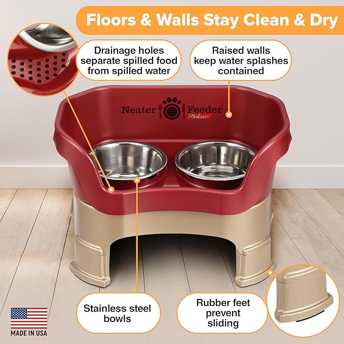Neater Feeder Deluxe Mess Proof Dog Bowls Elevated Medium Sized Dogs (19-40 lbs) Made in USA, No Spill Raised Dog Food Bowl Stand w/Leg Extension, Stainless Steel Food and Water Bowl Set, Cranberry