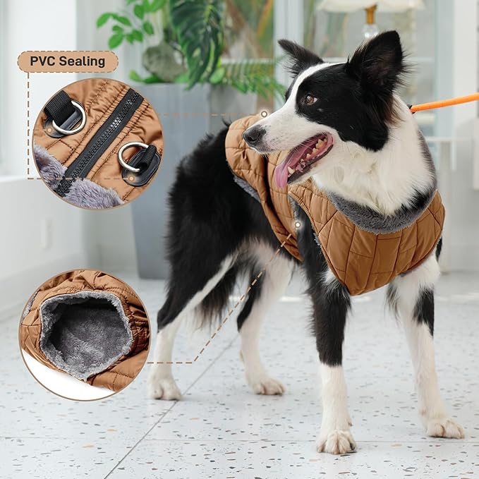 Warm Fleece Dog Coats with Durable Harness Buitl in D-Ring,Waterproof Doggie Jacket for Large Dogs,Dog Vest for Cold Winter,Burnished Khaki XXL