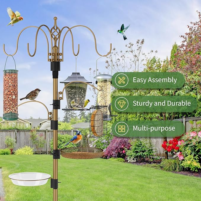 Bird Feeding Station with Multi Feeder Hanging, 4-Hook Bird Feeder Pole with 5 Prong Base, Metal Suet Feeder, Mesh Tray for Attracting Wild Birds and Planter Hanger (Copper 91in)