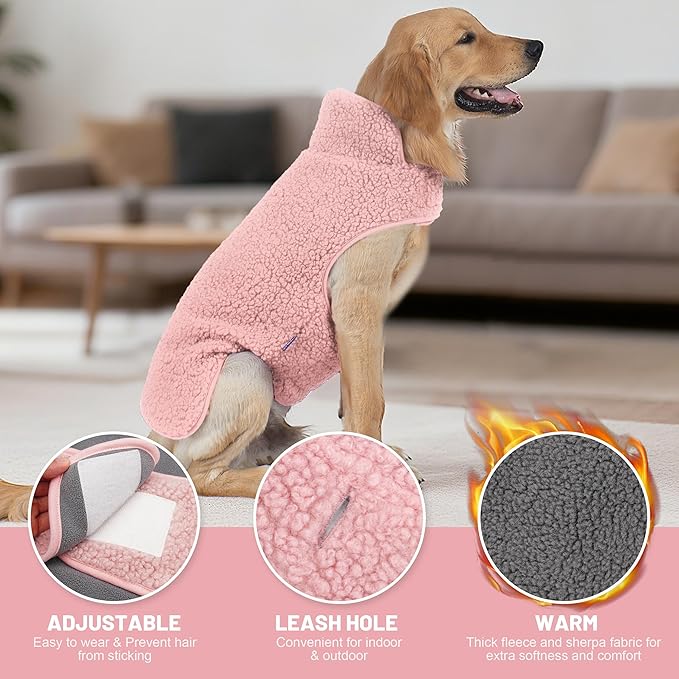 cyeollo Warm Dog Coat Fleece Winter Sweater Coats, Sherpa Reversible Dog Jacket Vest with Leash Hole for Large Dogs, Soft Pet Coats for Cold Weather, Pink, XXXL