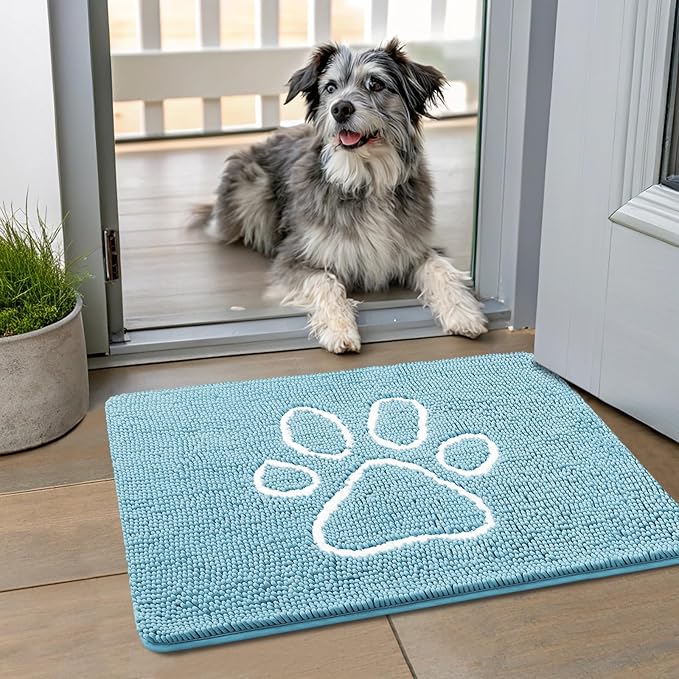 Smiry Dog Door Mat for Muddy Paws, Absorbent Dirt Trapper Non Slip Quick Dry Washable Chenille Mat for Mud Dogs, Entry Rug for Indoor and Outdoor (24x16 Inches, Sky Blue)