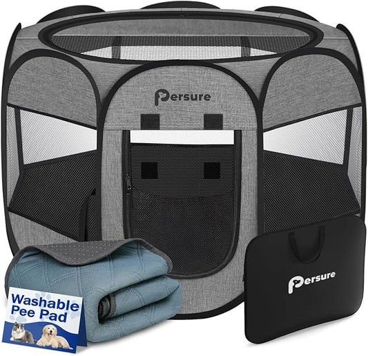 Dog Cat Playpen Indoor Outdoor for Puppy Pet Dogs Cat Recovery After Surgery, Dog Tent Crates Cage Indoor/Outdoor, Portable Pop Up Kennel with Carrying Case for Travel (Premium Grey with Pad, Small)