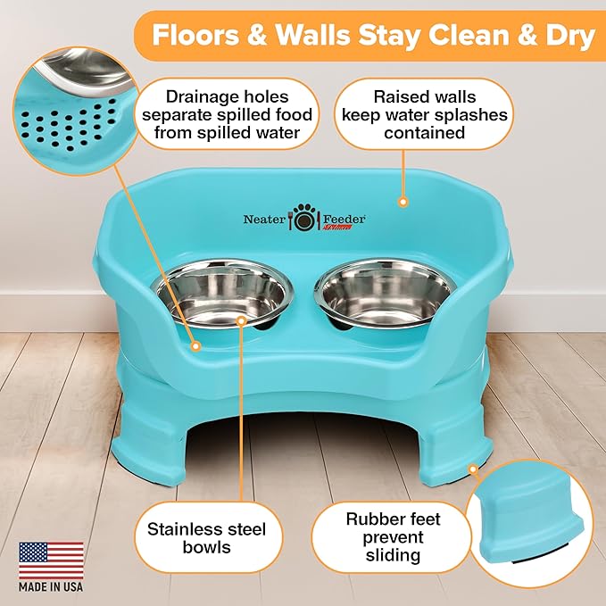 Neater Feeder Deluxe Mess Proof Cat Bowls Elevated for All Breeds – Made in USA – No Spill Raised Cat Bowls for Indoor Cats w/Leg Extensions – Stainless Steel Cat Food and Water Bowl Set - Teal