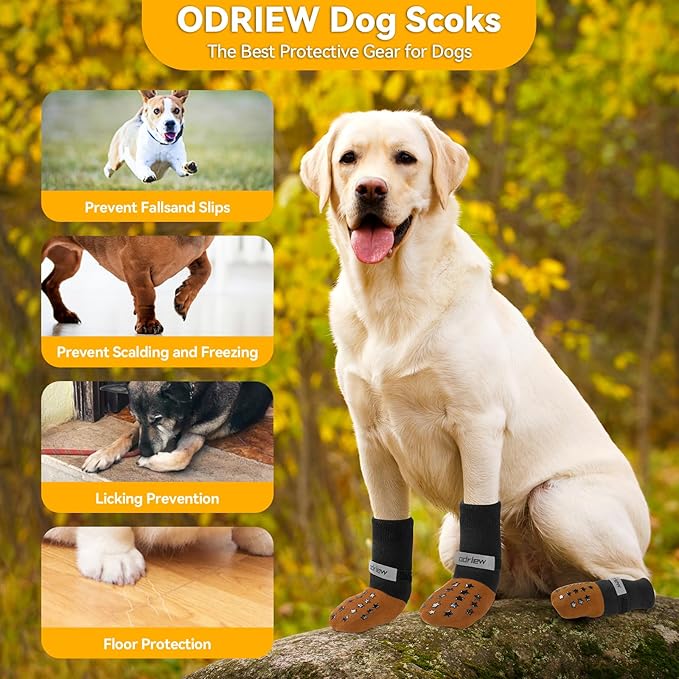 Non Slip Dog Socks to Prevent Licking Paws - Dog Booties for Hardwood Floors Anti Slip - Grippy Socks for Senior Dog - Double Side Paw Protector Prevent Scratching for Hot Pavement. (Khaki, M)