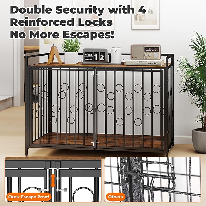 Heavy Duty 42 Inch Dog Crate with Table Top, Chew Proof Waterproof Furniture Style Kennel for Large Dogs, Indoor Wooden Finish Metal Cage Pet Home