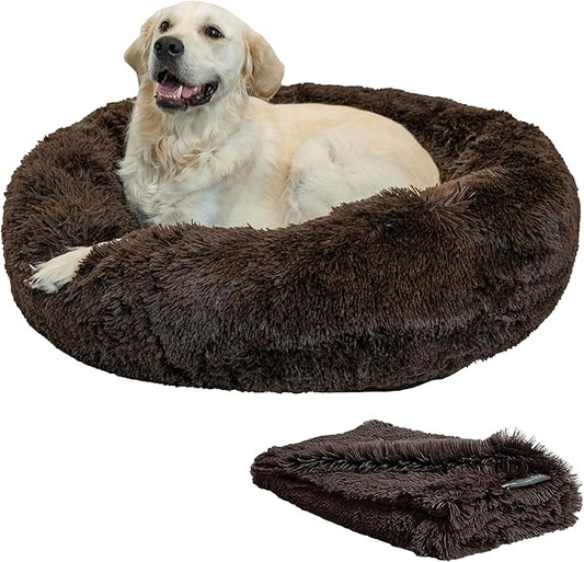 Best Friends by Sheri Bundle Set The Original Calming Shag Donut Cuddler Cat and Dog Bed + Pet Throw Blanket, Dark Chocolate, Large, 36x36