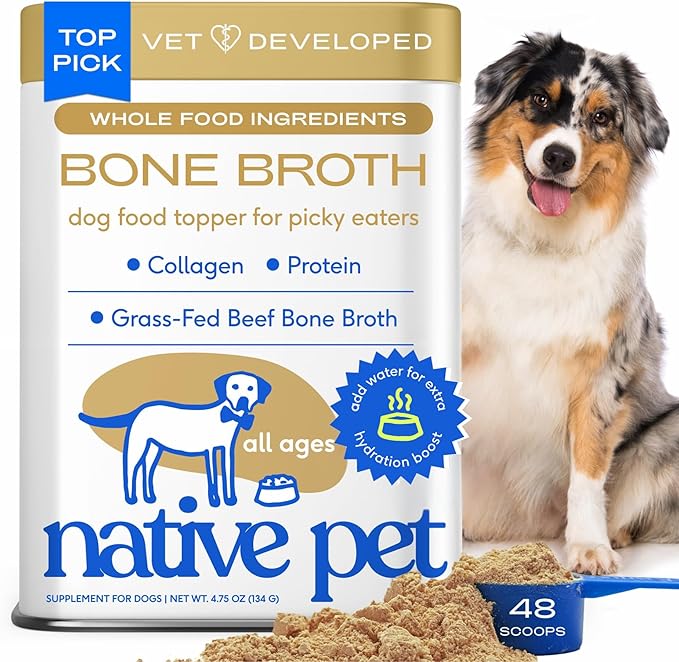 Native Pet Bone Broth for Dogs - Made with Real Beef Bone Broth, Dog Food Toppers for Picky Eaters - Provides Extra Hydration & Nutrition for Joint Strength, Immunity & Heart Health-48 Scoops