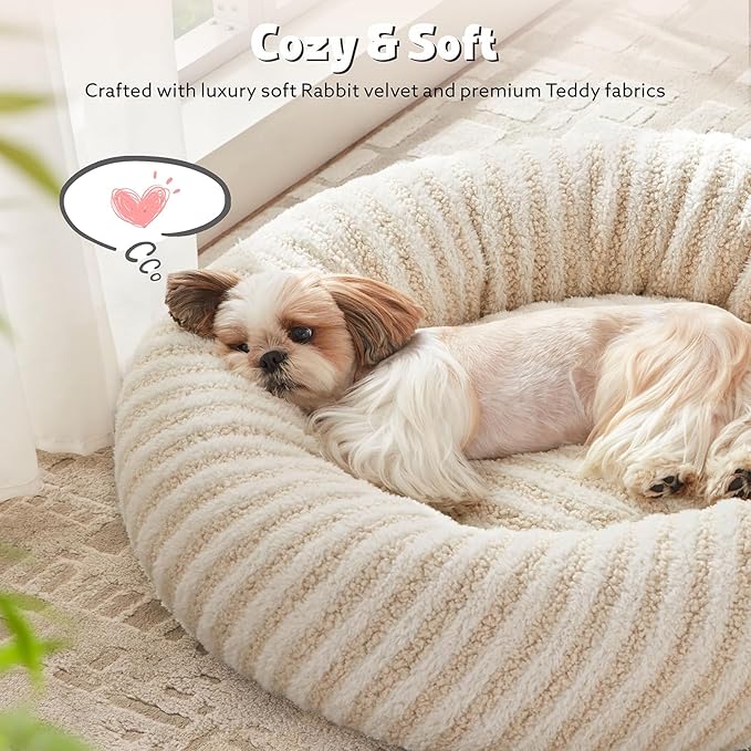 MIXJOY Donut Dog Bed Medium Size, Calming Dog Beds Medium Sized Dogs, Fluffy Plush Faux Fur Round Dog Cat Cuddler with Removable Washable Cover, 30"x30"x8", White