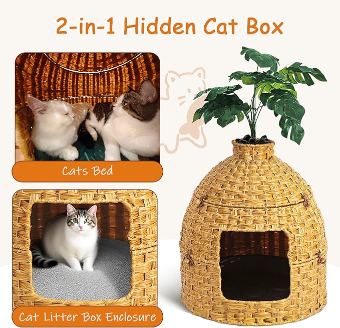 Cat Hidden Litter Box Enclosure Furniture with Artificial Plants,Handwoven Rattan with Cat Litter Box and Real Stones,in Living Room, Bedroom, Corner（Natural）