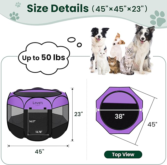 Love's cabin Pet Puppy Dog Playpen, Large Dog Tent Crates Cage Indoor/Outdoor, Portable Playpen for Cat, Foldable Pop Up Dog Kennel Playpen with Carring Case, Removable Zipper Top, Purple