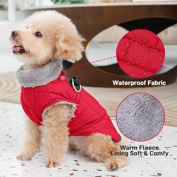 Warm Fleece Dog Coats with Durable Harness Buitl in D-Ring,Waterproof Doggie Jacket for Large Dogs,Dog Vest for Cold Winter,Red XXXL