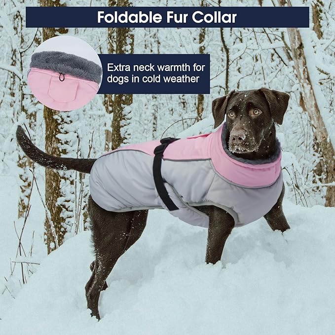 IECOii Extra Warm Dog Coat for Medium Dogs, Waterproof & Windproof Dog Jackets with Leash Hole, Adjustable Turtleneck Dog Winter Coat Reflectvie Pet Fleece Vest for Cold Weather, Pink, M
