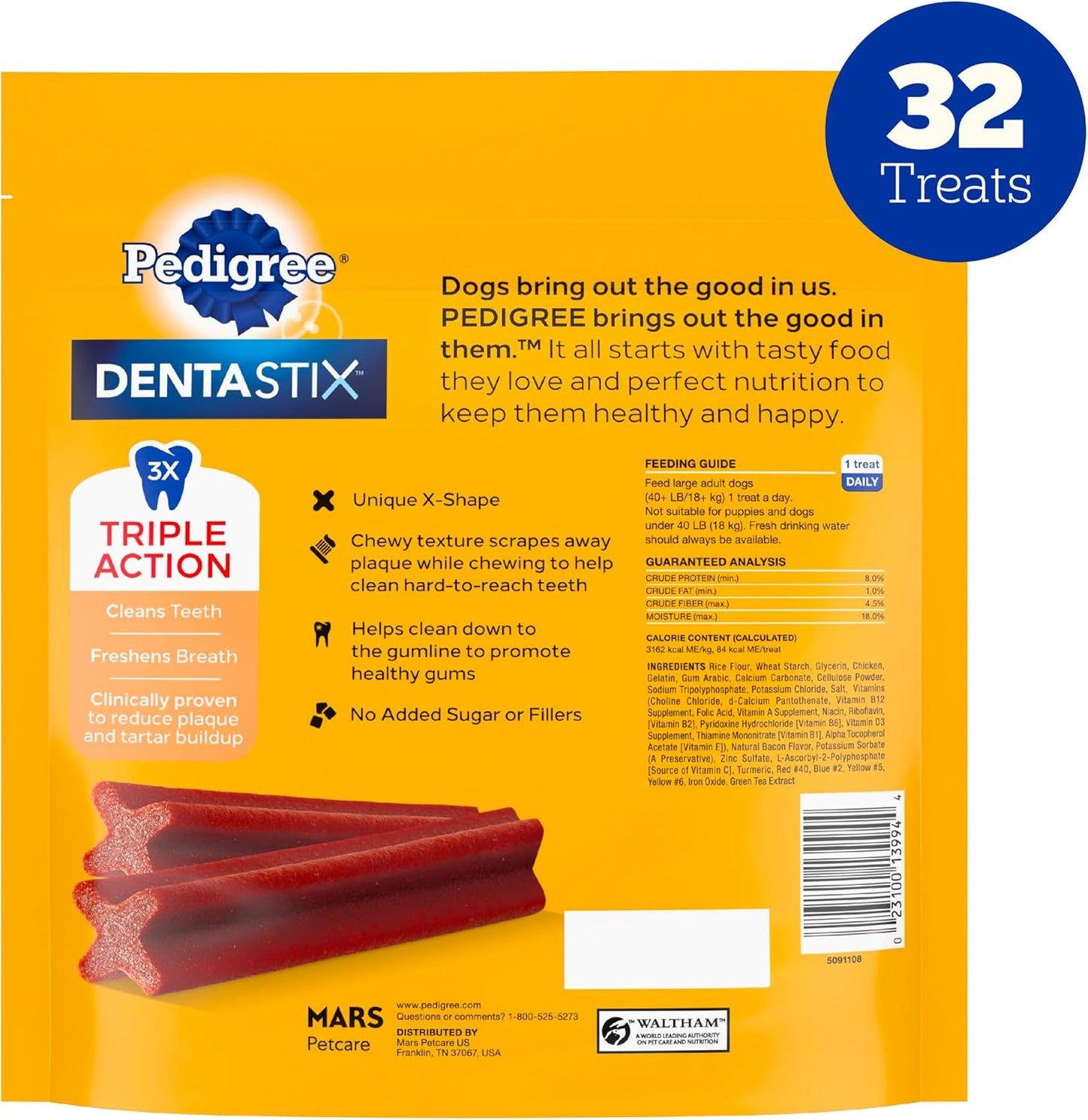 Pedigree Dentastix Large Breed Dog Treats, Bacon Flavor, 1.67 lb. Bag (32 Treats)