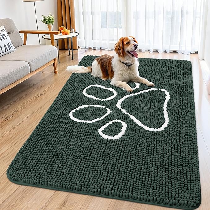 Smiry Dog Door Mat for Muddy Paws, Absorbent Dirt Trapper Non Slip Quick Dry Washable Chenille Mat for Mud Dogs, Entry Rug for Indoor and Outdoor (59x35 Inches, Green)