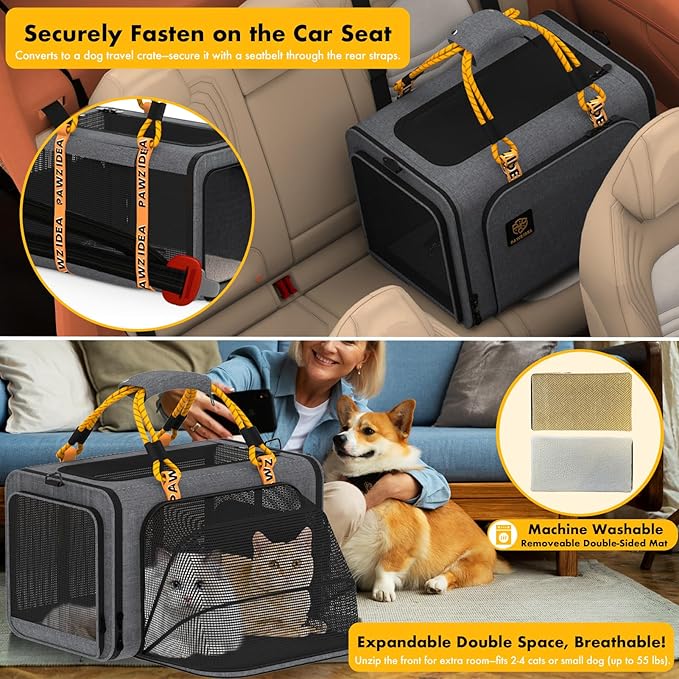 PAWZIDEA Expandable Large Pet Carrier with Wheels, 24x16x16 in Rolling Cat Carrier for 2–4 Cats up 55lb, Soft-Sided Collapsible Small Medium Dog Crate for Car Travel, Telescopic Handle, Storage Pocket