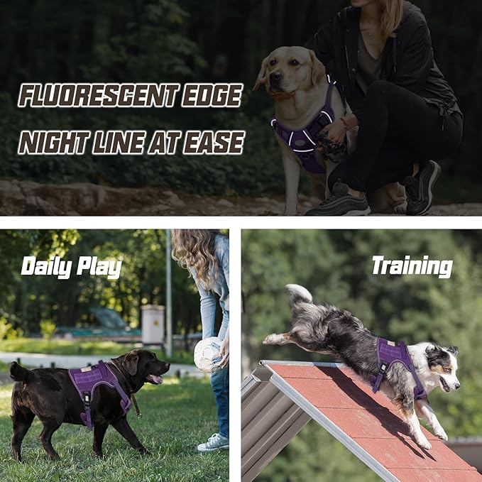 AUROTH Tactical Dog Harness for Large Dogs No Pull Adjustable Pet Harness Reflective K9 Working Training Easy Control Pet Vest Military Service Dog Harnesses Purple S