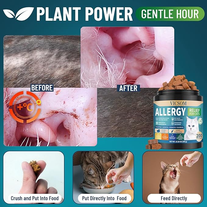 200 Natural Cat Allergy Relief Chews, Cat Itchy Skin Allergy Relief & Immune Support Chews for Seasonal Allergies Cats, Itch Relief for Cats, with Colostrum, Probiotics 1B CFU, Omega-3, Chicken Flavor