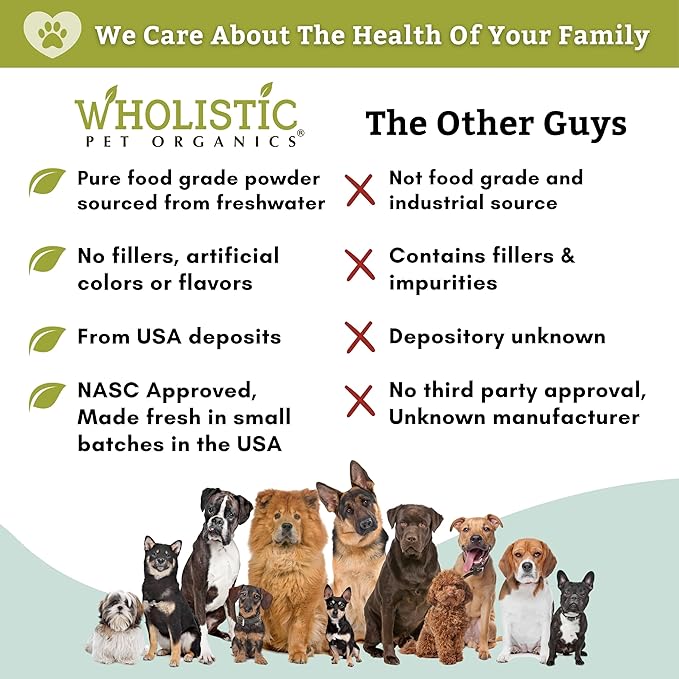 Wholistic Pet Organics Diatomaceous Earth - Food Grade for Dogs & Cats - 4 Oz - Multi Use Powder - Pet Safe Non-Chemical Freshwater Sourced Silica Supports Overall Health - Freshly Made in USA