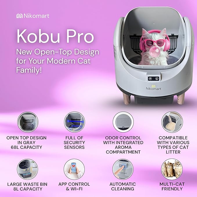 Open-Top Self Cleaning Litter Box, 68L Large Capacity for Multi Cats - Automatic Litter Box New Gray Design with App Control & Fragrance Dispenser for a Fresh Home