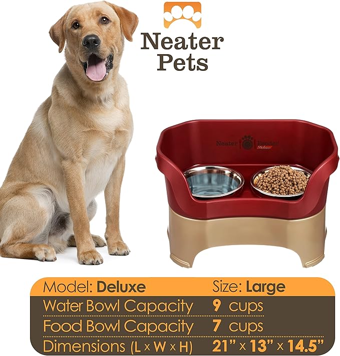 Neater Pet Brands Neater Feeder Deluxe Mess Proof Dog Bowls Elevated for Large Dogs Over 40 lbs, Made in USA, No Spill Raised Dog Food Bowl Stand Feeding Station, Food and Water Bowl Set, Cranberry