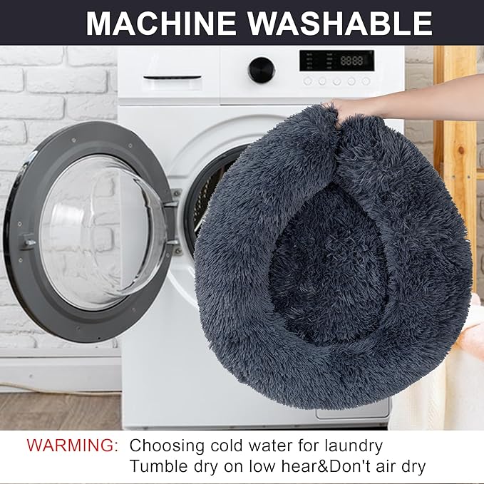 Dog Calming Beds for Small Medium Large Dogs - Round Donut Washable Puppy Dog Bed, Anti-Slip Faux Fur Fluffy Donut Cuddle Anxiety Cat Pet Bed(24" Dark Grey)