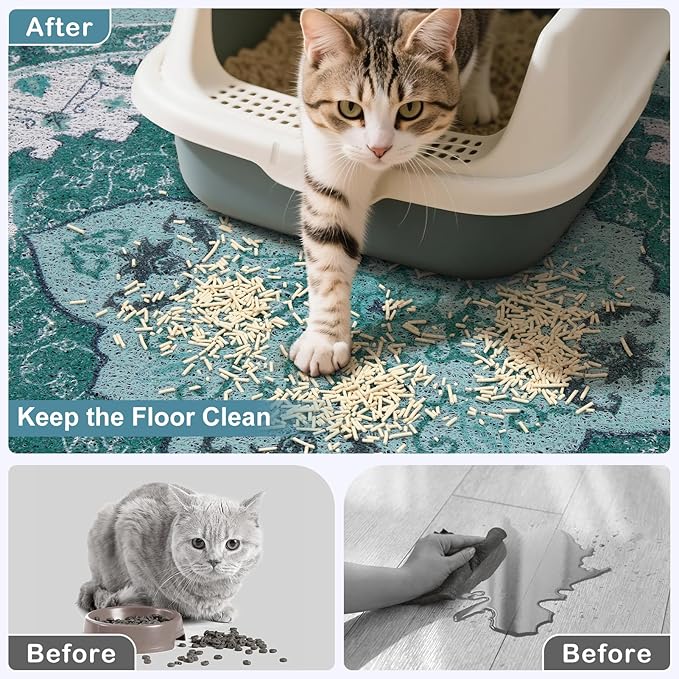 Bienbee Cat Litter Mat, 24" x 15" Litter Box Mat Rug with Non-Slip Bottom, Easy to Clean Cat Supplies Accessories Essentials for Indoor Kitty Kitten Floor, Green M