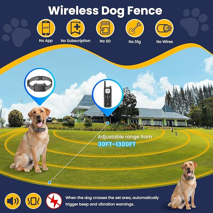 Wireless Dog Fence Invisib for Dogs Electric Fence 185 Days Standby Training Collar, Flash Light & Waterproof Portable Dog Perimeter Collar with 3 Training Mode for 1 Dog Large Medium