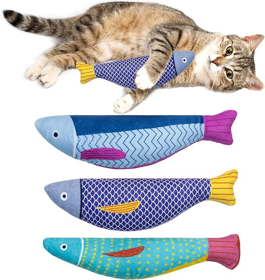 Soft Catnip Toys Fish, 3 Pack Bell Sound Cat Toys, Interesting Indoor Cat Kicker Toys, Durable and Highly Interactive Catnip Toys (Kingfish)