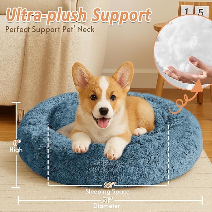 JOLLYVOGUE Medium Calming Dog Bed, Anti-Anxiety Donut Cuddler Cat Bed with Anti-Slip Bottom, Fluffy Faux Fur Machine Washable Pet Cushion for Medium Large Dog & Cat (31")
