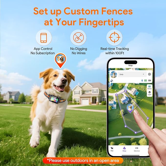 Meowant GPS Wireless Dog Fence System Collar with Training Remote, Free App, Custom Invisible Fence(82-7000ft), Beep/Vibration/Correction, Early Alert Band, Waterproof LCD Collar, Dogs 10+Lbs, Outdoor