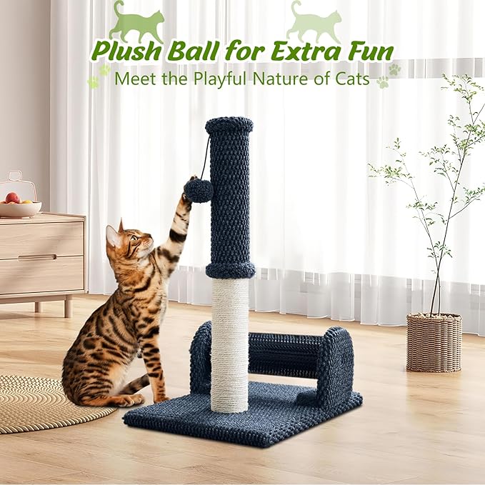 Cat Scratching Post with Cat Hair Brush & Interactive Ball, 22 Inch Sisal Cat Scratch Tower, Durable Thick Fabric Cat Scratcher for Indoor Cats, Kitten Exercise Play Furniture, Dark Grey