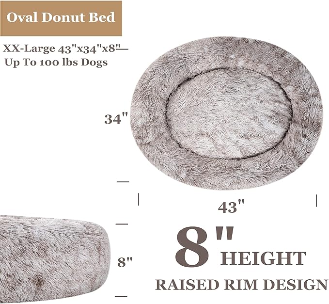 Coohom Oval Calming Donut Cuddler Dog Bed,Shag Faux Fur Cat Bed Washable Round Pillow Pet Bed(30"/36"/43") for Small Medium Dogs (XXL(43"x34"x8"), Light Brown)