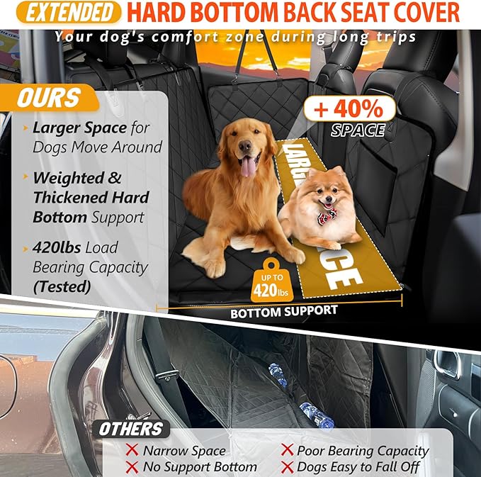 Back Seat Extender for Dogs-Large Space, Dog Car Seat Cover Hard Bottom Holds 420lbs, Sturdy Backseat Extender for Dogs,Upgraded Material Waterproof Pet Car Bed Dog Hammock for Car, SUV,Truck